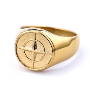 Minimalist gold stainless steel compass ring with sunburst nautical engraving for men