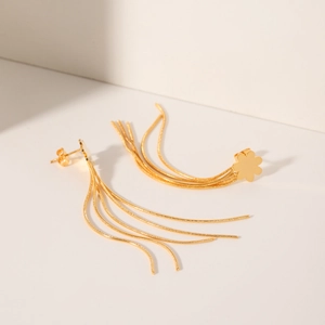 French luxury gold flower stud earrings with long tassel snake chains in stainless steel