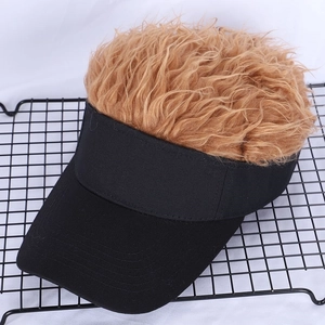 Novelty black visor baseball cap with shaggy brown wig hair on top for men