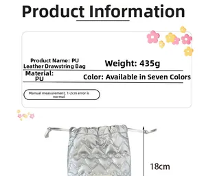 Silver quilted PU leather drawstring bag showing 18cm height and 435g weight product details