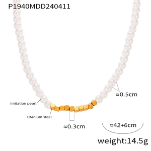 Detail view of pearl and titanium steel necklace with dimensions and material specs