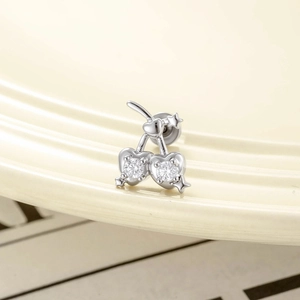 Exquisite silver cherry heart cartilage stud with micro-set cubic zirconia stones