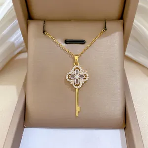Lucky Clover Key Pendant Necklace Stainless Steel Chain Copper Zircon Luxury Elegant Jewelry For Women
