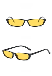 Front and side views of vintage rectangular sunglasses with black frames and yellow lenses