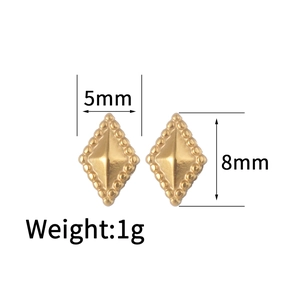 Detailed view of gold rhombus stud earrings with beaded edges and 5mm x 8mm dimensions