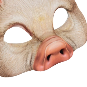 Detail of realistic pink pig mask with high-quality fabric texture and printed EVA details