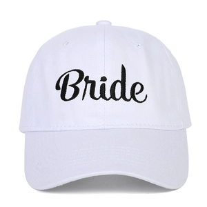 White cotton baseball cap featuring black embroidered Bride text for wedding parties
