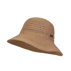 Breathable knit bucket hat for women with wide brim and side metal plate detail