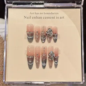 Handmade Press On Nails Cat Eye Aurora Blue Gradient Luxury Rhinestone Artificial Pearl Glitter Long Almond Stiletto For Women