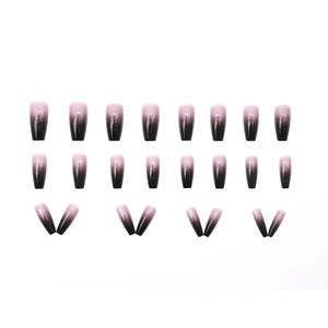 Pink to black gradient long ballerina press-on nails with silver glitter sparkles set of 24
