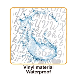 Close-up of waterproof gold glitter vinyl letter stickers under splashing water