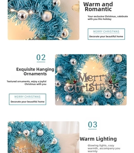 Macro detail of 30cm blue Christmas wreath with LED lights and silver ornaments