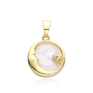 Elegant gold round pendant necklace with white shell inlay featuring moon and star