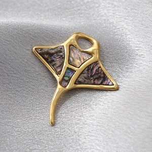 Detailed view of stingray pendant in gold finish with iridescent abalone shell inlay