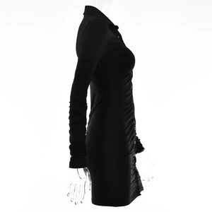 Detail view of black long sleeve shirt dress with ruched design and button-up front