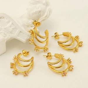 Boucles Oreilles Créoles Forme C Triple Couche Acier Inoxydable Plaqué Or 18K Zircon Incrusté Bijoux Vintage Français Chic Pour Femmes