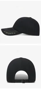 Detail of black cotton camouflage baseball cap with gold SPORTS embroidery and metal buckle