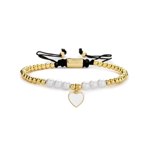 Bracelet tressé ajustable avec perles dorées, perles blanches et un pendentif en cœur