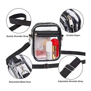 Detail view of transparent PVC bag showing adjustable strap, durable zipper and metal hook