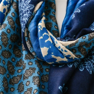 Close-up of blue floral and geometric print on premium cotton-linen blend scarf texture