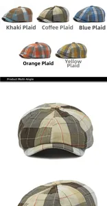 Détails de casquettes gavroches à carreaux vintage en kaki, café, bleu, orange et jaune