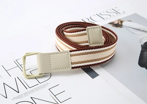 Close-up of a striped woven canvas belt with brown PU leather tips and double D-ring buckles