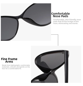 Macro detail of high-quality nose pads and glossy black temples on triangle sunglasses