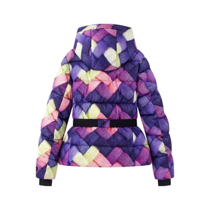 Women's hooded ski puffer jacket with colorful weave print and black belt back view