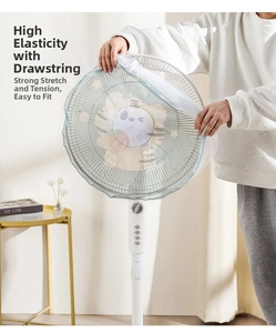Close-up of safety fan cover showing dense mesh fabric and elastic band installation