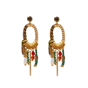 Vintage leaf earrings with gold chain tassels, colorful beads and crystal accents