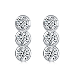 Elegant 925 sterling silver earrings with three vertical zircon stones on white background