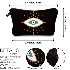 Detailed size chart for Evil Eye makeup bag with waterproof polyester and zipper features