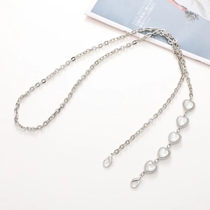 Silver metal chain crossbody strap with heart-shaped pendants and dual lobster clasps