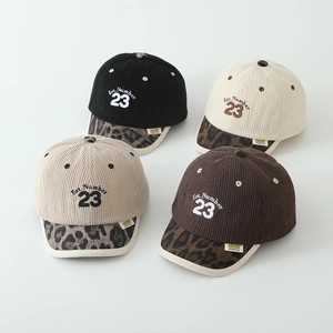 Kids corduroy baseball cap with leopard print brim and Number 23 embroidery in four colors