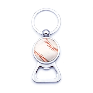 Detail view of silver metal keychain bottle opener with a realistic baseball pattern