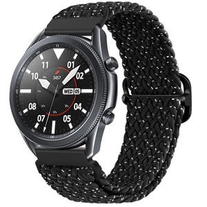 Side view of black nylon braided elastic watch strap with adjustable buckle on smartwatch