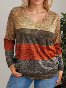 Women Plus Size V Neck Long Sleeve T-Shirt Contrast Color Block Striped Soft Knit Top Casual Loose Blouse