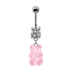 Pink gummy bear belly button ring with white zircon and silver stainless steel bar