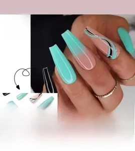 Detail of long coffin press on nails with blue-green gradient and black wavy line art