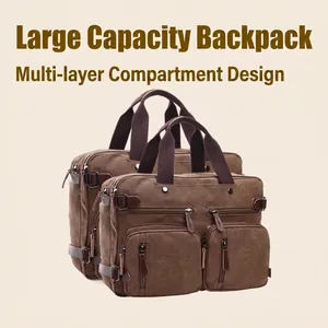 Men Canvas Briefcase Laptop Bag Multi-Pocket Business Travel Handheld Crossbody Backpack Retro Style Wear-Resistant