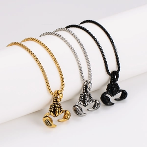 Three scorpion pendant necklaces in gold, silver, and black finish with box chains