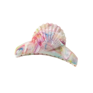 Detail of shell-shaped hair claw clip with colorful marble resin texture on white background