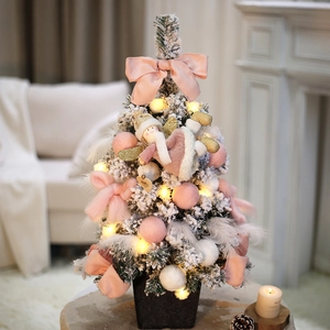 Chic 40cm pink Christmas tree with velvet bows, angel doll and warm LED lights decor
