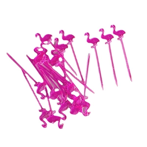 Pink flamingo plastic cocktail picks and disposable fruit forks for party decor