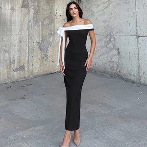 Elegant off-shoulder bodycon long dress in black with white oversized shoulder bow