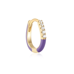 Detail of gold huggie earring with purple enamel inlay and sparkling zircon stones