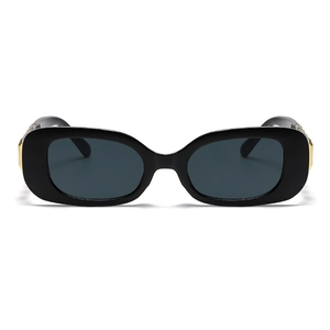 Retro black rectangular sunglasses with gold chain metal accents and dark grey lenses