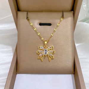 Bow Pendant Necklace Gold Plated Stainless Steel Chain Copper Zirconia Hollow Knot Elegant Jewelry For Women