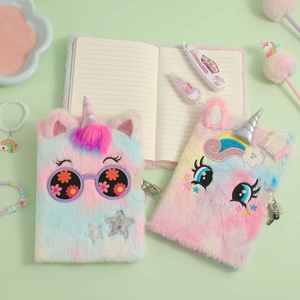 Detail of A5 unicorn plush diary with metal lock and lined pages in pastel rainbow colors