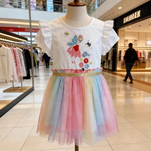 Girls Cotton Fairy Embroidery Rainbow Tulle Dress Ruffle Sleeve Princess Sequin Waist Kids Summer Patchwork Party Dress